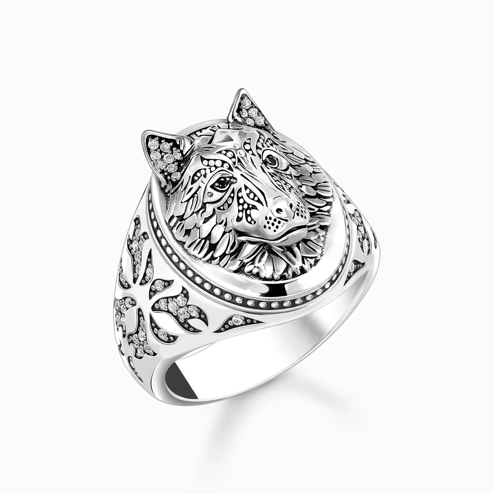Women THOMAS SABO Rings|Rings-Silver blackend signet ring wolf's face with stones
