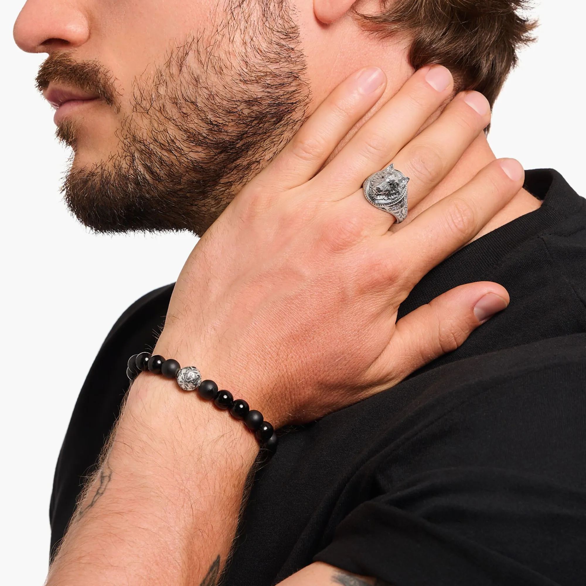 Women THOMAS SABO Rings|Rings-Silver blackend signet ring wolf's face with stones