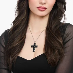 Women THOMAS SABO Pendants|925 Silver-Silver blackened cross pendant with black zirconia