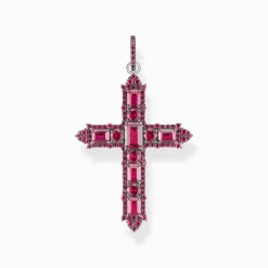 Women THOMAS SABO Pendants|925 Silver-Silver blackened cross pendant with ruby red stones
