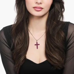 Women THOMAS SABO Pendants|925 Silver-Silver blackened cross pendant with ruby red stones
