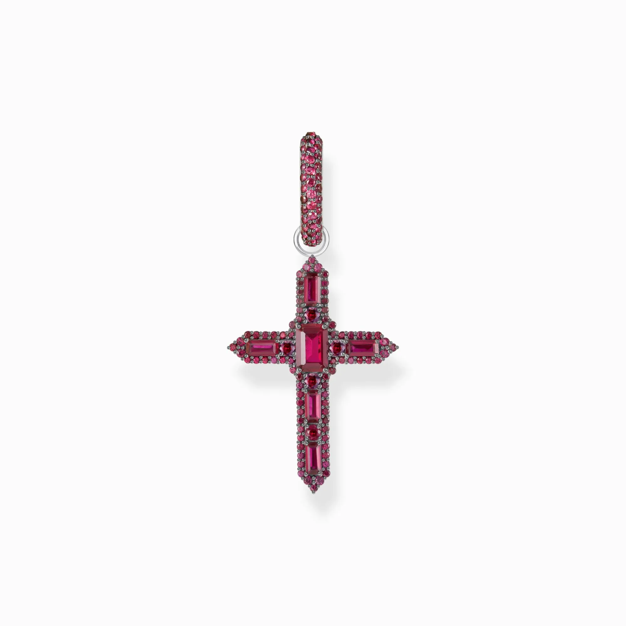Women THOMAS SABO Hoop Earrings|925 Silver-Silver blackened cross single hoop earring with ruby red stones