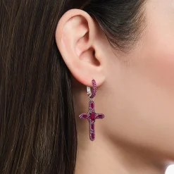 Women THOMAS SABO Hoop Earrings|925 Silver-Silver blackened cross single hoop earring with ruby red stones