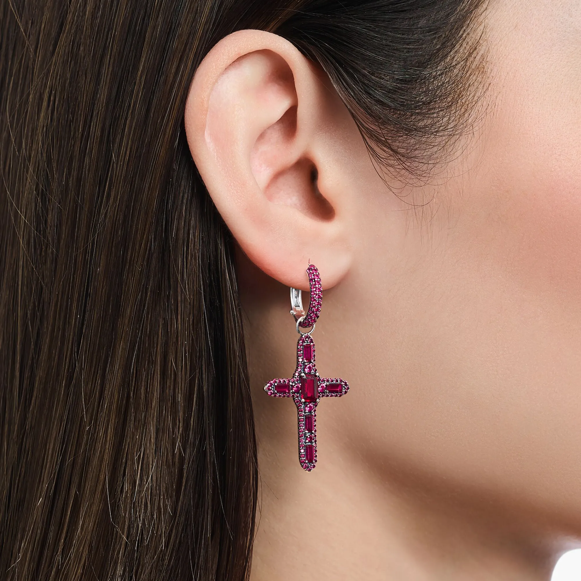 Women THOMAS SABO Hoop Earrings|925 Silver-Silver blackened cross single hoop earring with ruby red stones