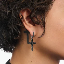 Women THOMAS SABO Hoop Earrings|925 Silver-Silver blackened cross single hoop earring with black zirconia