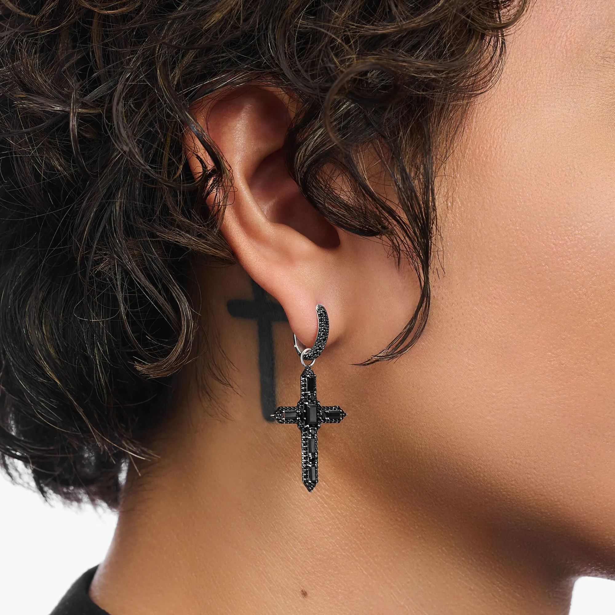 Women THOMAS SABO Hoop Earrings|925 Silver-Silver blackened cross single hoop earring with black zirconia