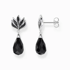 Women THOMAS SABO Earrings|925 Silver-Silver blackened ear studs with drop-shaped obsidian