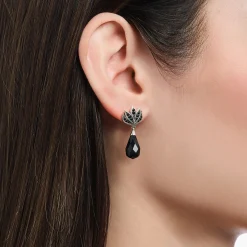 Women THOMAS SABO Earrings|925 Silver-Silver blackened ear studs with drop-shaped obsidian