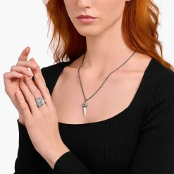 Women THOMAS SABO Necklaces|Necklaces & Chains-Silver blackened necklace with wolf's tooth pendant and stones