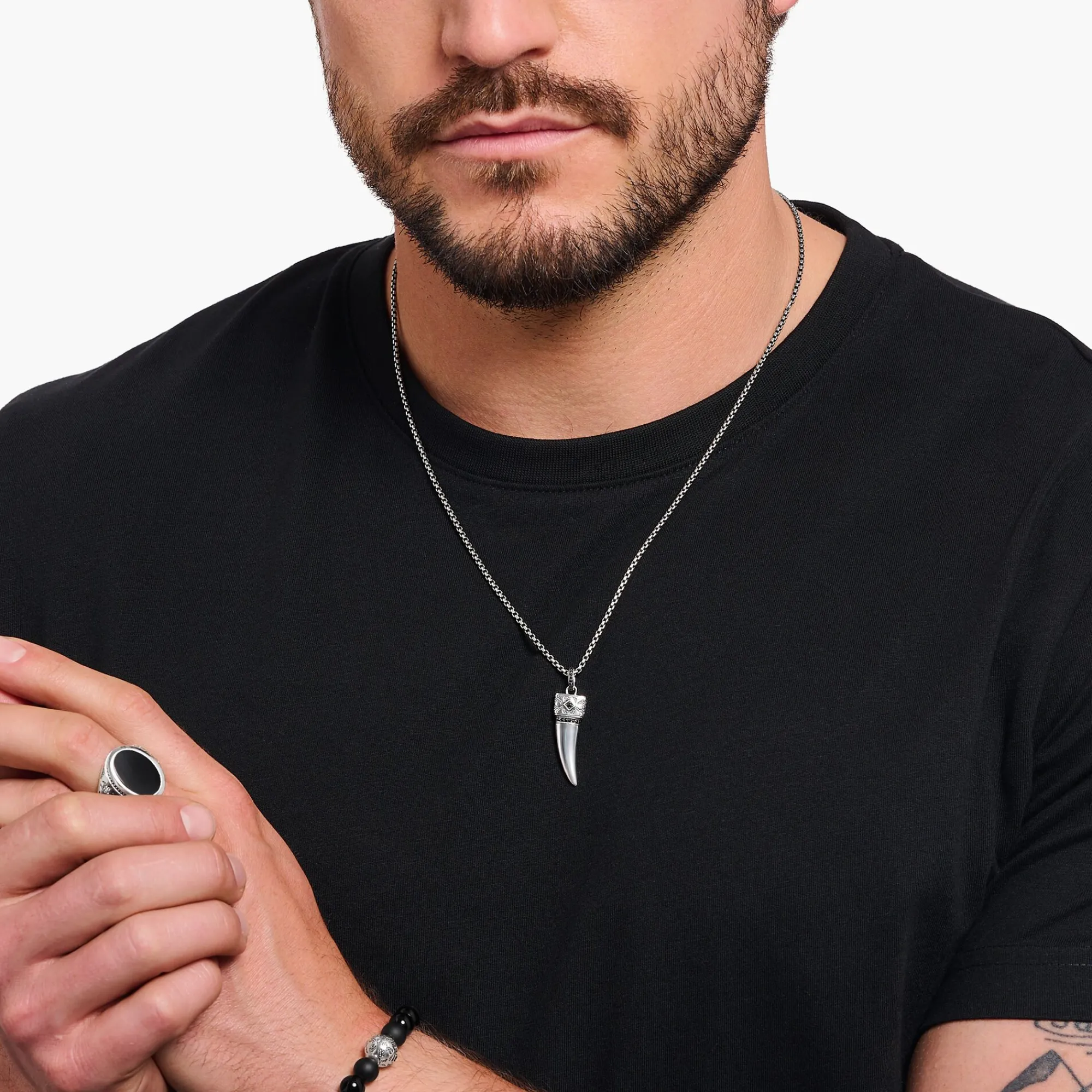 Women THOMAS SABO Necklaces|Necklaces & Chains-Silver blackened necklace with wolf's tooth pendant and stones