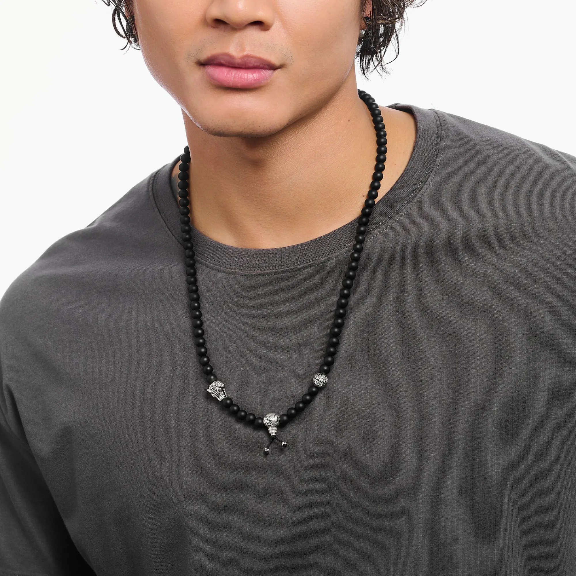 Women THOMAS SABO Necklaces|925 Silver-Silver blackened necklace with matte black obsidian beads