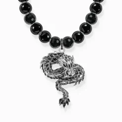 THOMAS SABO Necklaces & Chains|925 Silver-Silver blackened necklace, obsidian beads with dragon pendant