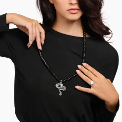 THOMAS SABO Necklaces & Chains|925 Silver-Silver blackened necklace, obsidian beads with dragon pendant