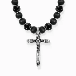 THOMAS SABO Necklaces & Chains|925 Silver-Silver blackened necklace made of black beads with cross pendant