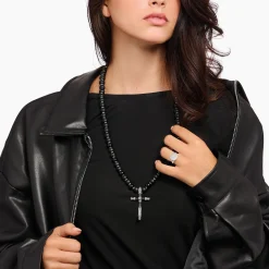 THOMAS SABO Necklaces & Chains|925 Silver-Silver blackened necklace made of black beads with cross pendant