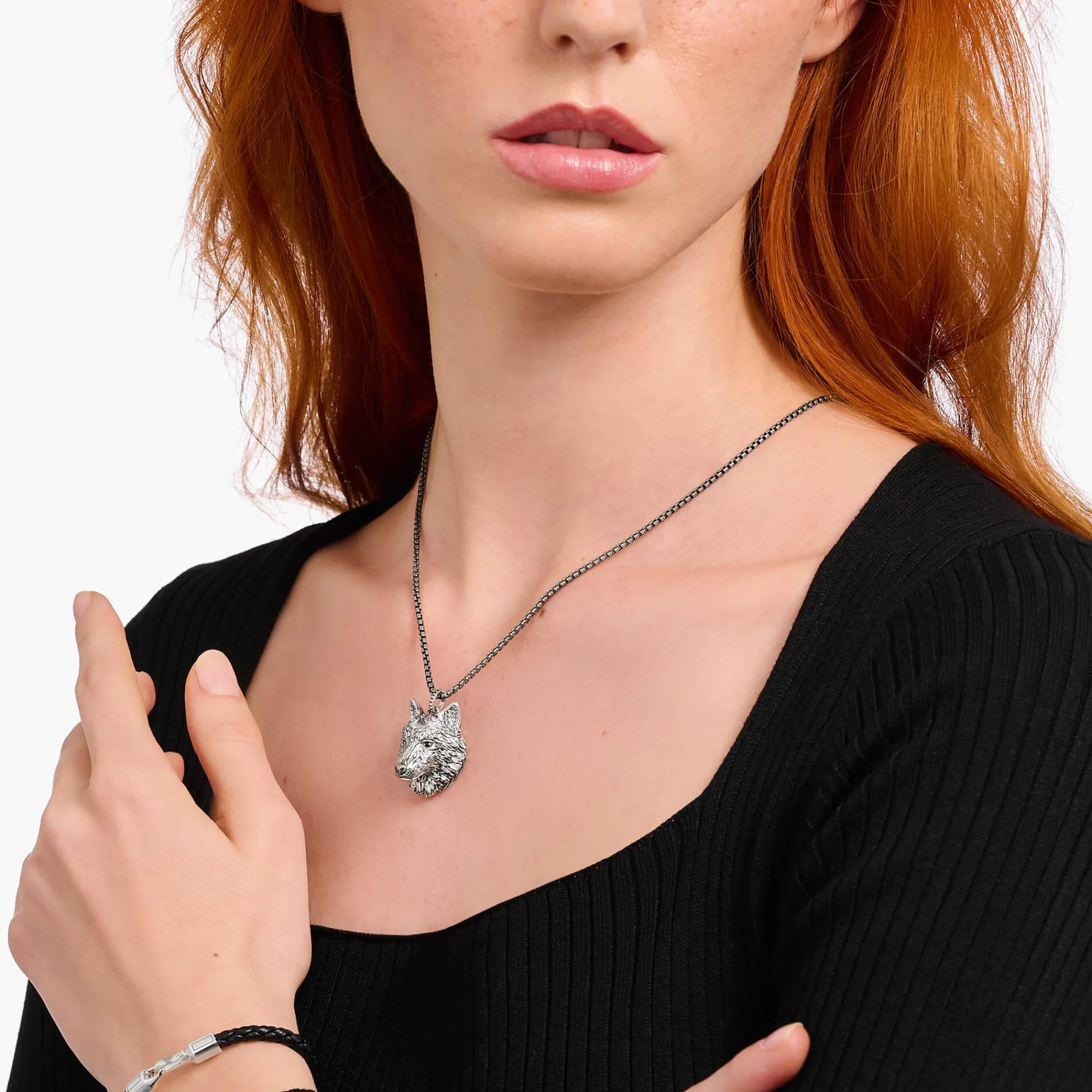 Women THOMAS SABO Pendants|Pendants-Silver blackened pendant wolf's face with stones