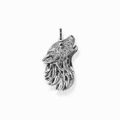 Women THOMAS SABO Pendants|Pendants-Silver blackened pendant howling wolf with stones