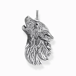 Women THOMAS SABO Pendants|Pendants-Silver blackened pendant howling wolf with stones