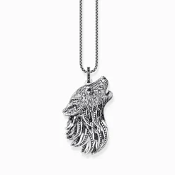 Women THOMAS SABO Pendants|Pendants-Silver blackened pendant howling wolf with stones