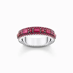Women THOMAS SABO Rings|Rings-Silver blackened ring with ruby red stones