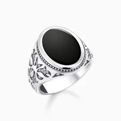 Women THOMAS SABO Rings|Rings-Silver blackened signet ring with black onyx