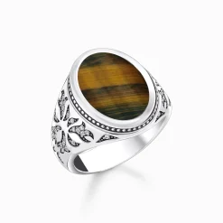 Women THOMAS SABO Rings|Rings-Silver blackened signet ring with gold blue tiger's eye