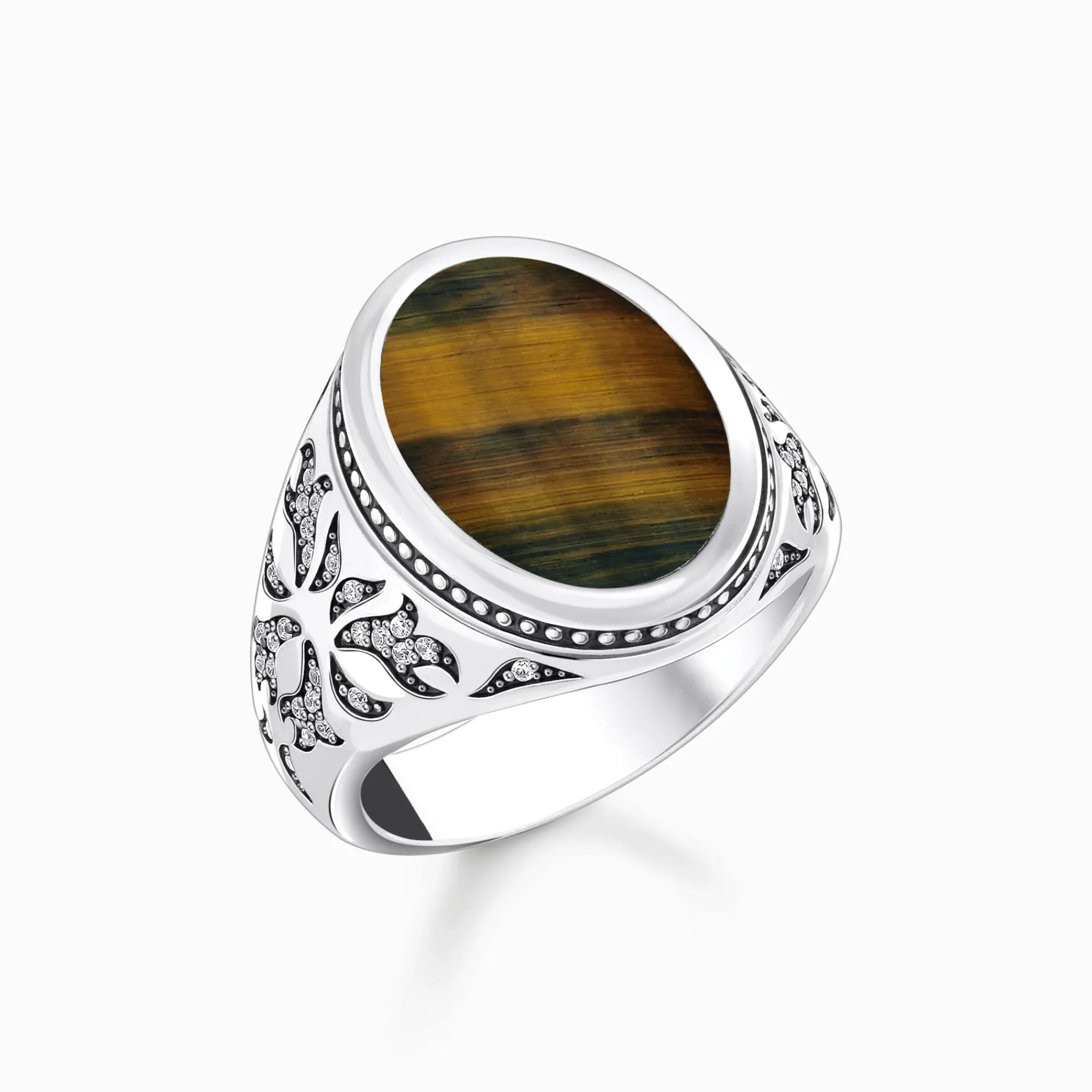 Women THOMAS SABO Rings|Rings-Silver blackened signet ring with gold blue tiger's eye