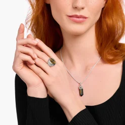 Women THOMAS SABO Rings|Rings-Silver blackened signet ring with gold blue tiger's eye