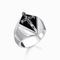 Women THOMAS SABO Rings|925 Silver-Silver blackened signet ring with black zirconia