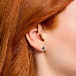Women THOMAS SABO Ear Studs|Ear Studs & Hoops-Silver blackened single ear stud with black zirconia and pattern