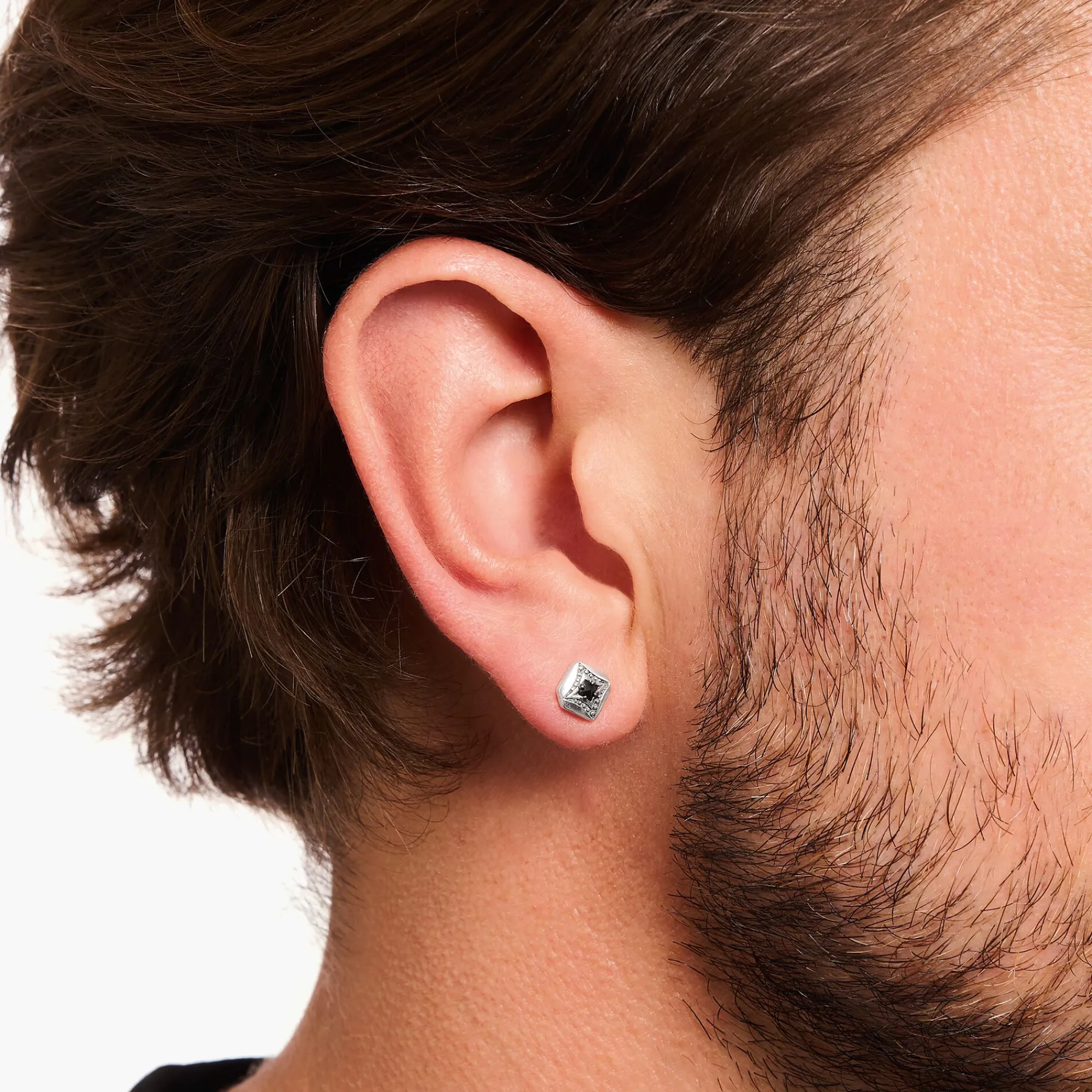Women THOMAS SABO Ear Studs|Ear Studs & Hoops-Silver blackened single ear stud with black zirconia and pattern
