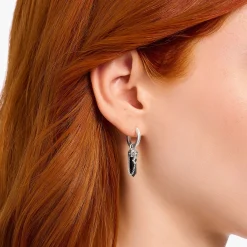Women THOMAS SABO Hoop Earrings|Ear Studs & Hoops-Silver blackened single hoop earring with onyx pendant