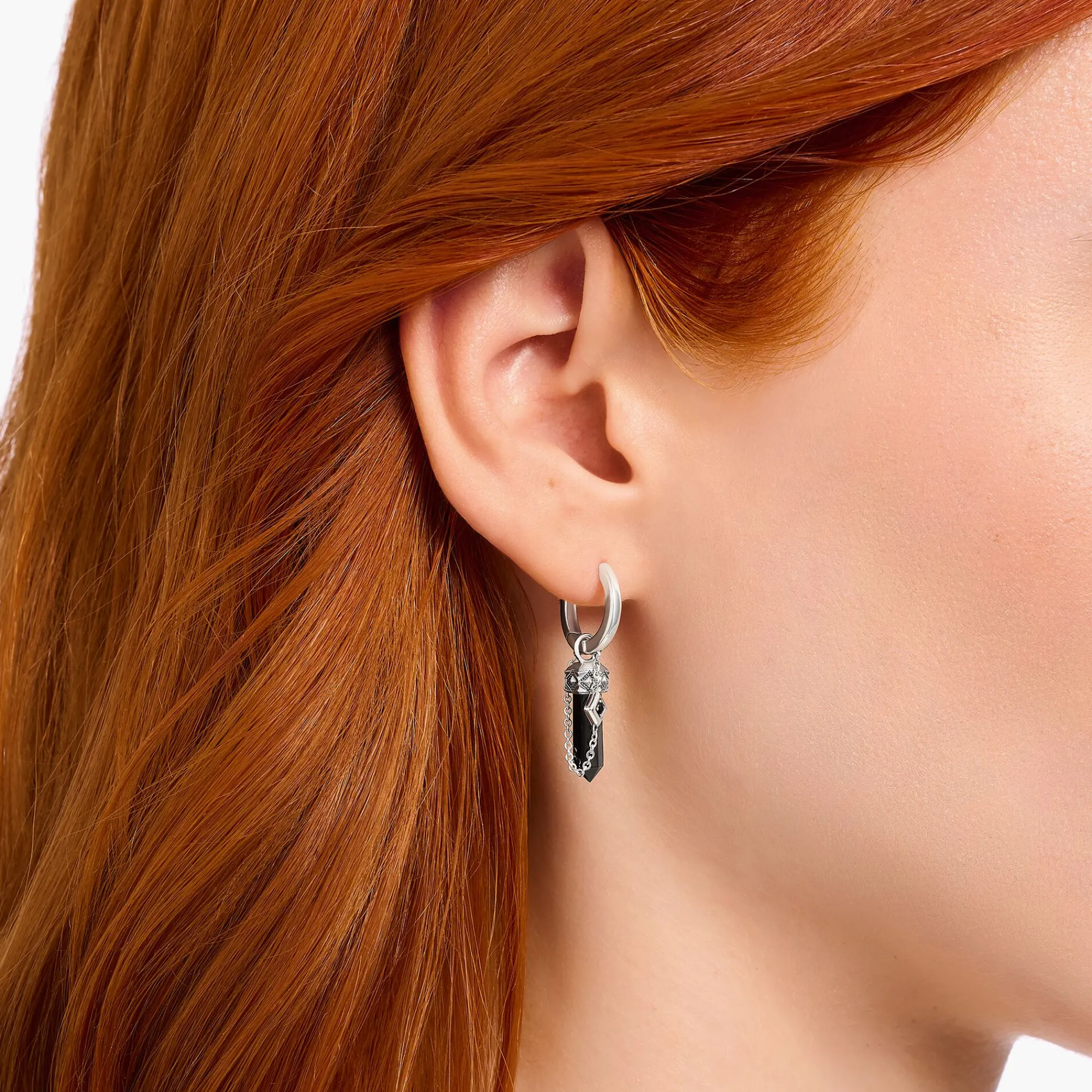 Women THOMAS SABO Hoop Earrings|Ear Studs & Hoops-Silver blackened single hoop earring with onyx pendant