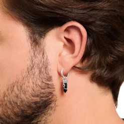 Women THOMAS SABO Hoop Earrings|Ear Studs & Hoops-Silver blackened single hoop earring with onyx pendant