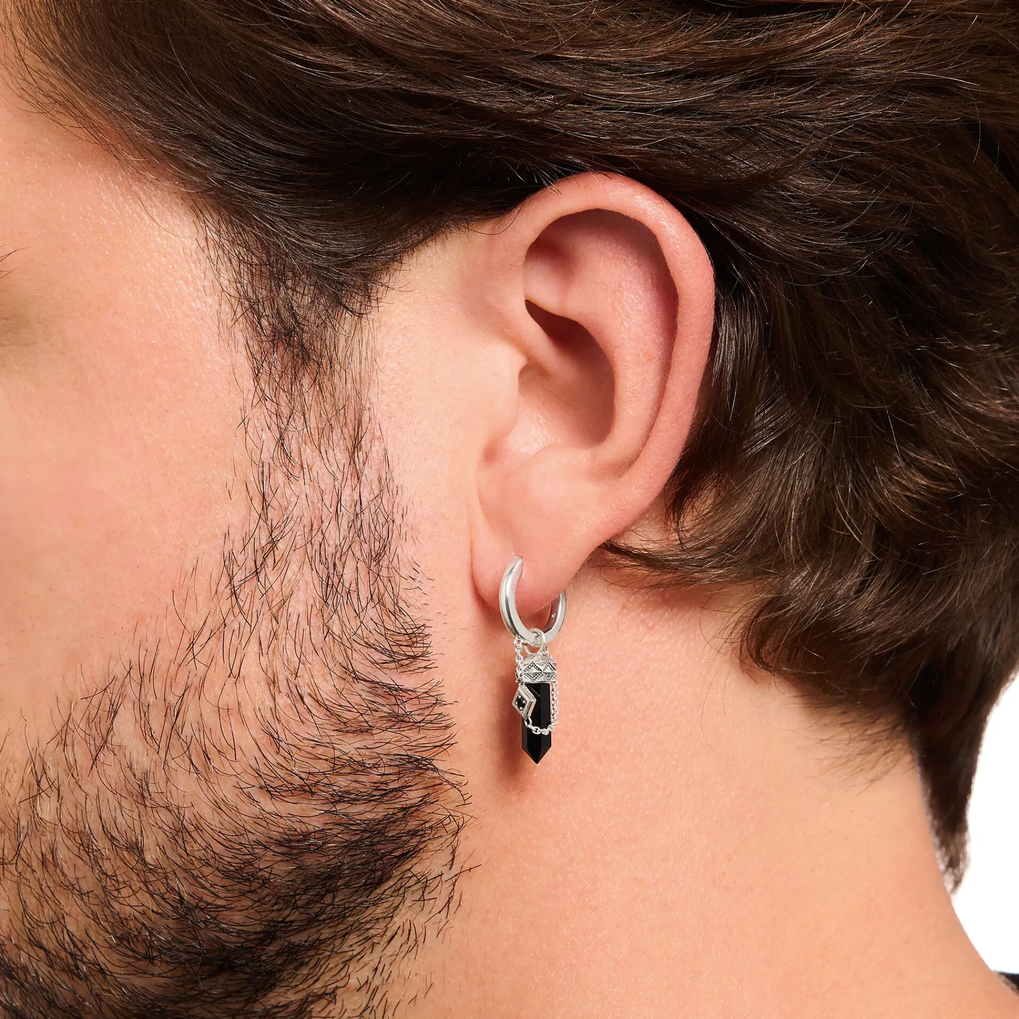 Women THOMAS SABO Hoop Earrings|Ear Studs & Hoops-Silver blackened single hoop earring with onyx pendant