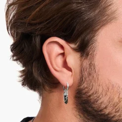 Women THOMAS SABO Hoop Earrings|Ear Studs & Hoops-Silver blackened single hoop earring with gold blue onyx pendant