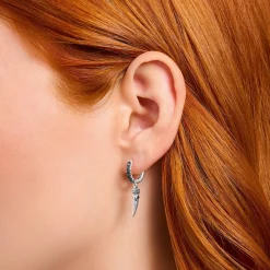 Women THOMAS SABO Hoop Earrings|Ear Studs & Hoops-Silver blackened single hoop earring with wolf's tooth and stones