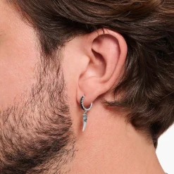 Women THOMAS SABO Hoop Earrings|Ear Studs & Hoops-Silver blackened single hoop earring with wolf's tooth and stones