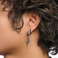 Women THOMAS SABO Hoop Earrings|925 Silver-Silver blackened single hoop earring with sword & black stones