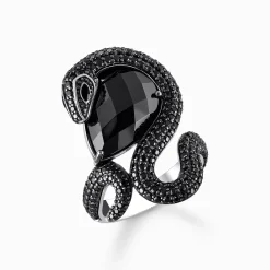 Women THOMAS SABO Rings|925 Silver-Silver blackened snake ring with drop-shaped black zirconia