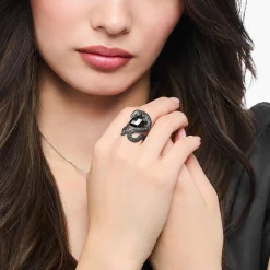 Women THOMAS SABO Rings|925 Silver-Silver blackened snake ring with drop-shaped black zirconia