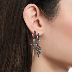 Women THOMAS SABO Hoop Earrings|925 Silver-Silver blackened snake single hoop earring with black zirconia