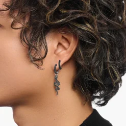 Women THOMAS SABO Hoop Earrings|925 Silver-Silver blackened snake single hoop earring with black zirconia