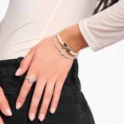 Women THOMAS SABO Bracelets|925 Silver-Silver bow bracelet with freshwater pearls Lovely Romance