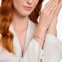 Women THOMAS SABO Bracelets|925 Silver-Silver bracelet with link chain elements and rose quartz beads