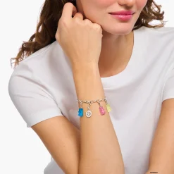 Women THOMAS SABO Bracelets|Charm Bracelets-Silver charm bracelet with goldbears logo ring