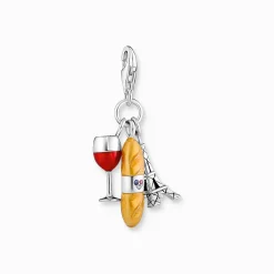 Women THOMAS SABO Charms|Charms-Silver charm pendant with red wine glass, Eiffel Tower & baguette