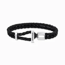Women THOMAS SABO Bracelets|Bracelets-Silver double bracelet with braided, black leather