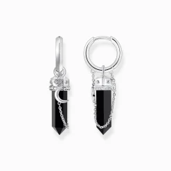 Women THOMAS SABO Hoop Earrings-Silver hoop earrings with onyx in hexagon-shape and small chain