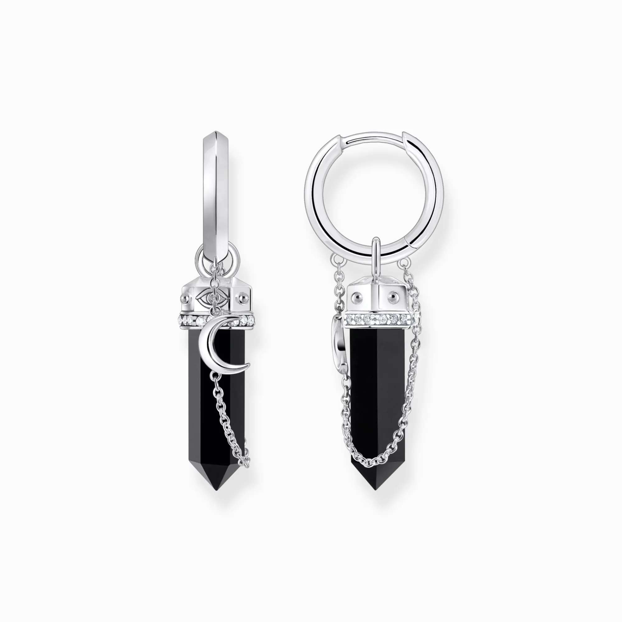 Women THOMAS SABO Hoop Earrings-Silver hoop earrings with onyx in hexagon-shape and small chain